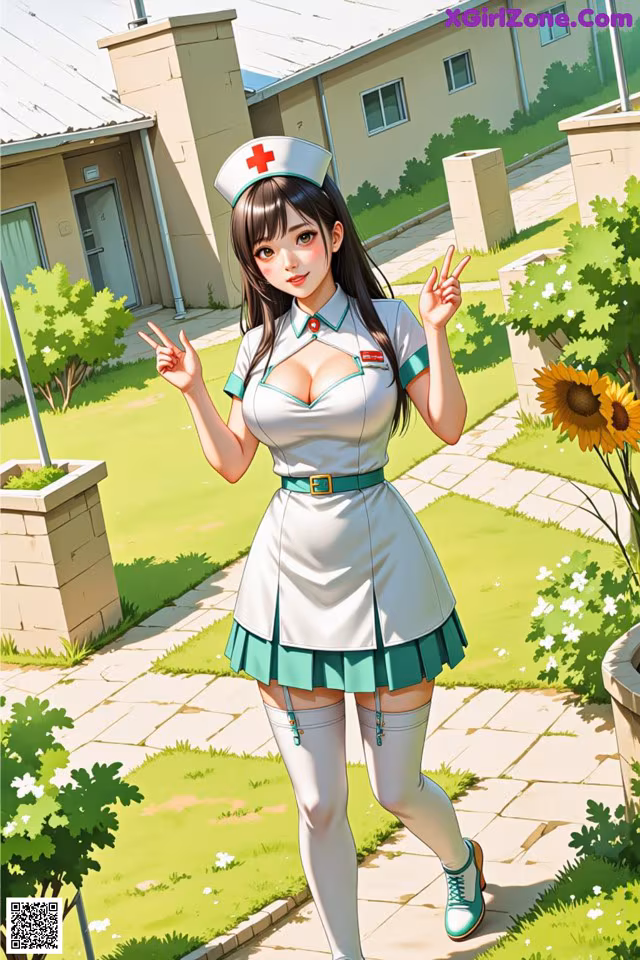 A woman in a nurse outfit is posing for a picture.