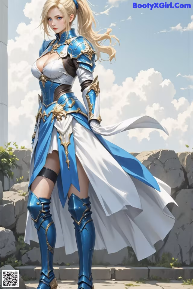 A woman in a blue and white outfit standing in front of a stone wall.