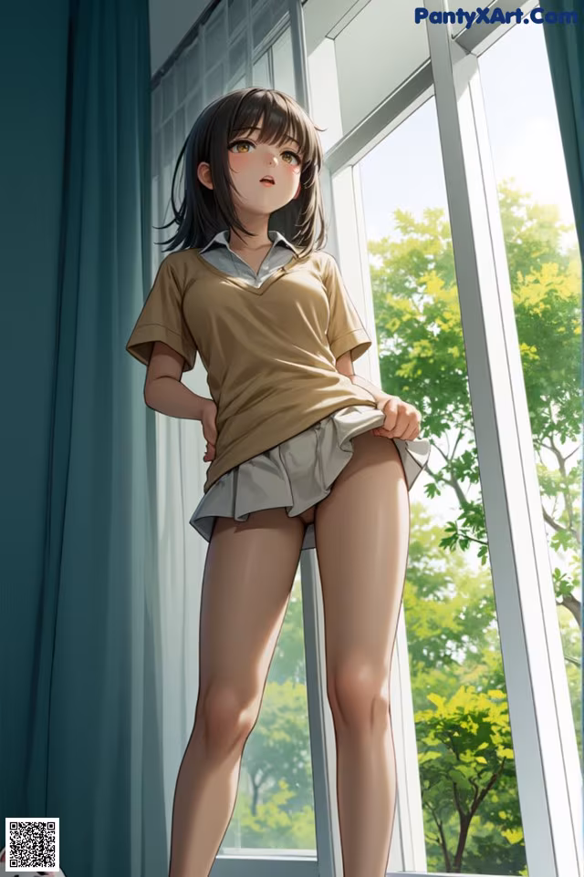 A girl standing in front of a window next to a cat.