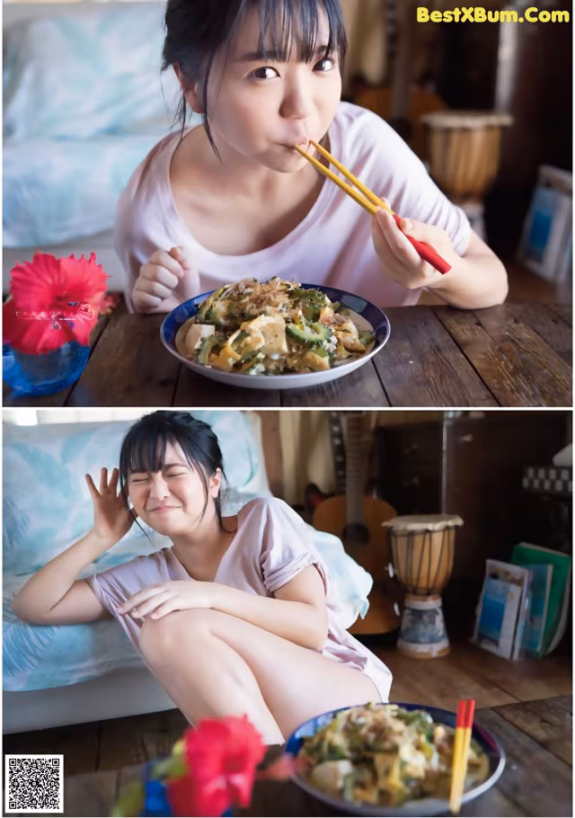 A woman sitting on a bed eating a bowl of food.