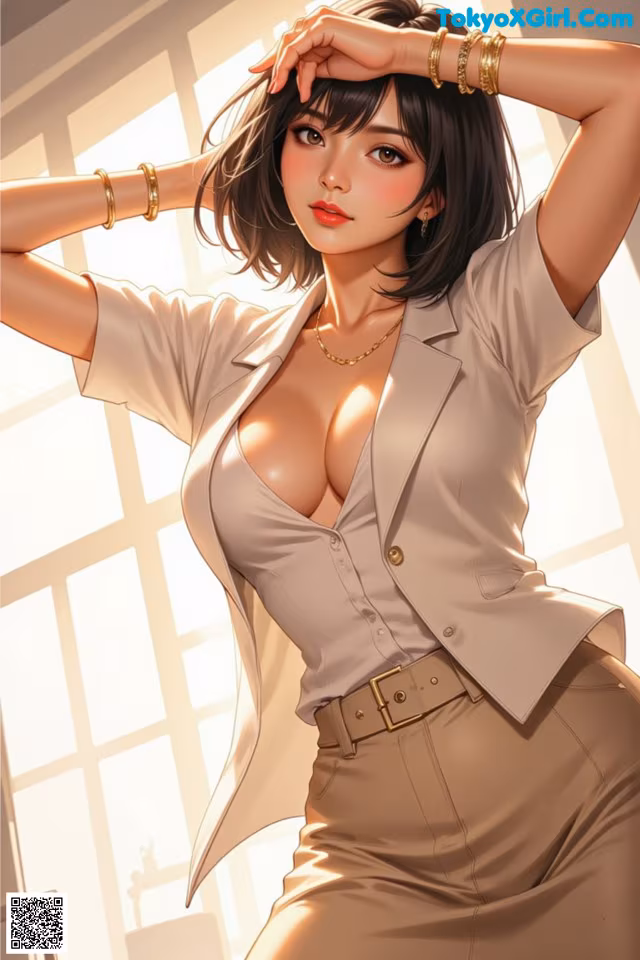 A woman in a beige suit posing in front of a window.