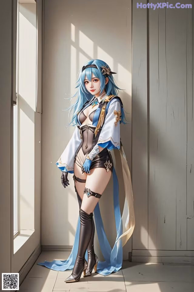 A woman with blue hair standing in front of a window.