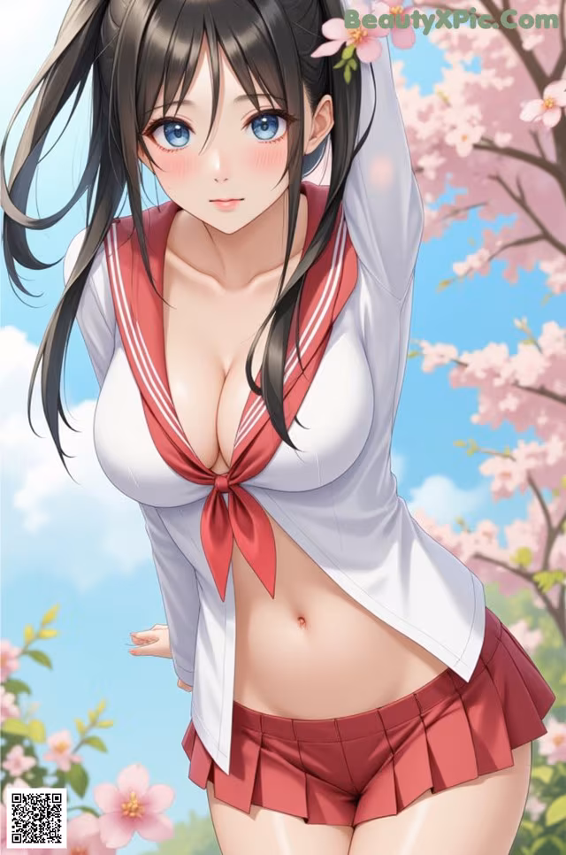 A woman in a school uniform is posing for a picture.