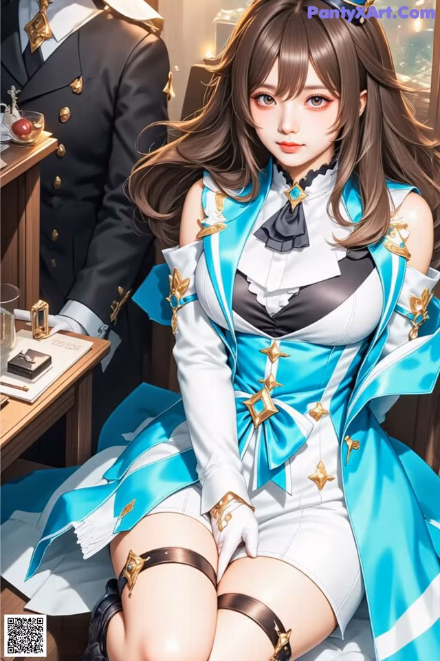 A woman in a blue and white dress sitting on a table.