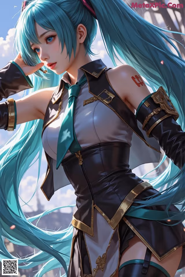 A woman with long blue hair wearing a black and white outfit.