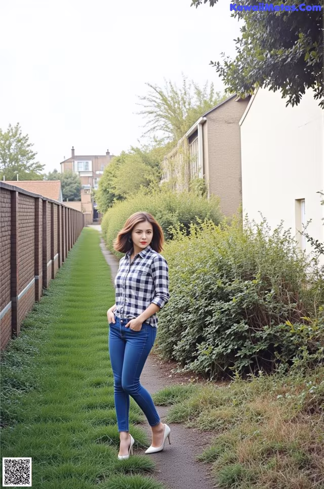 A woman in a plaid shirt and jeans standing on a path.