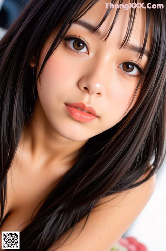 A woman with long black hair is posing for a picture.