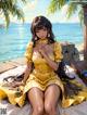 A woman in a yellow dress sitting on a beach.