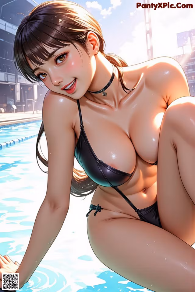 A woman in a black bikini sitting in a pool.