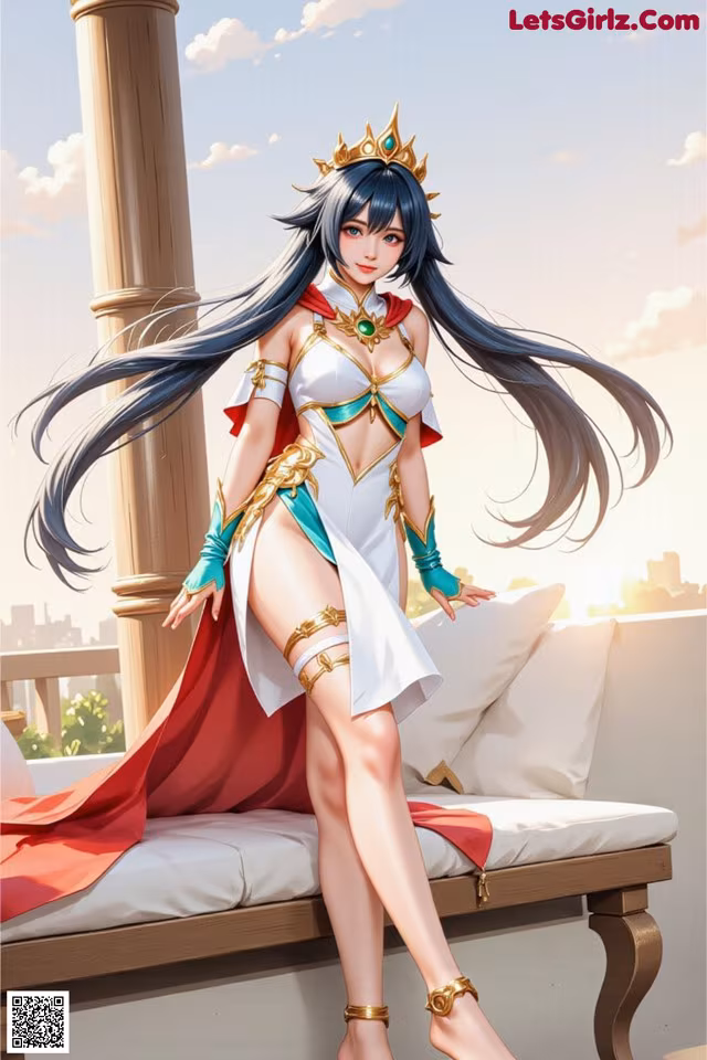 A woman in a white dress with a crown on her head.