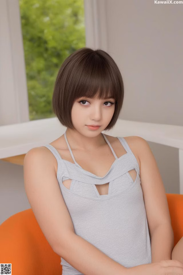 A woman in a gray tank top sitting on an orange chair.