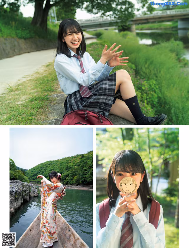 A woman in a school uniform sitting on a boat.