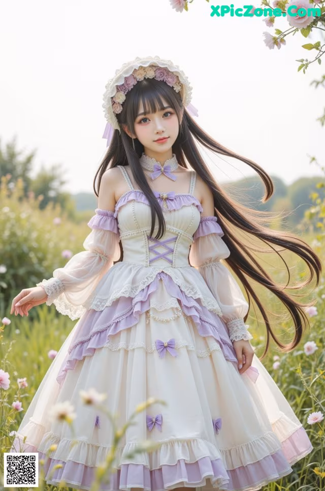 A woman in a white and purple dress standing in a field of flowers.