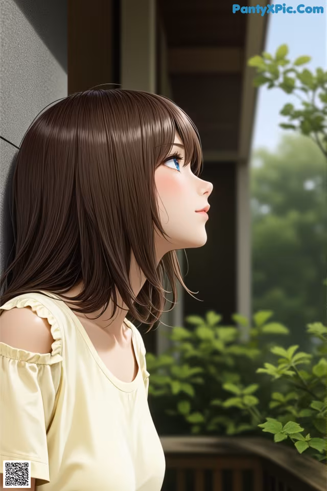 A girl with long brown hair and blue eyes looking out a window.