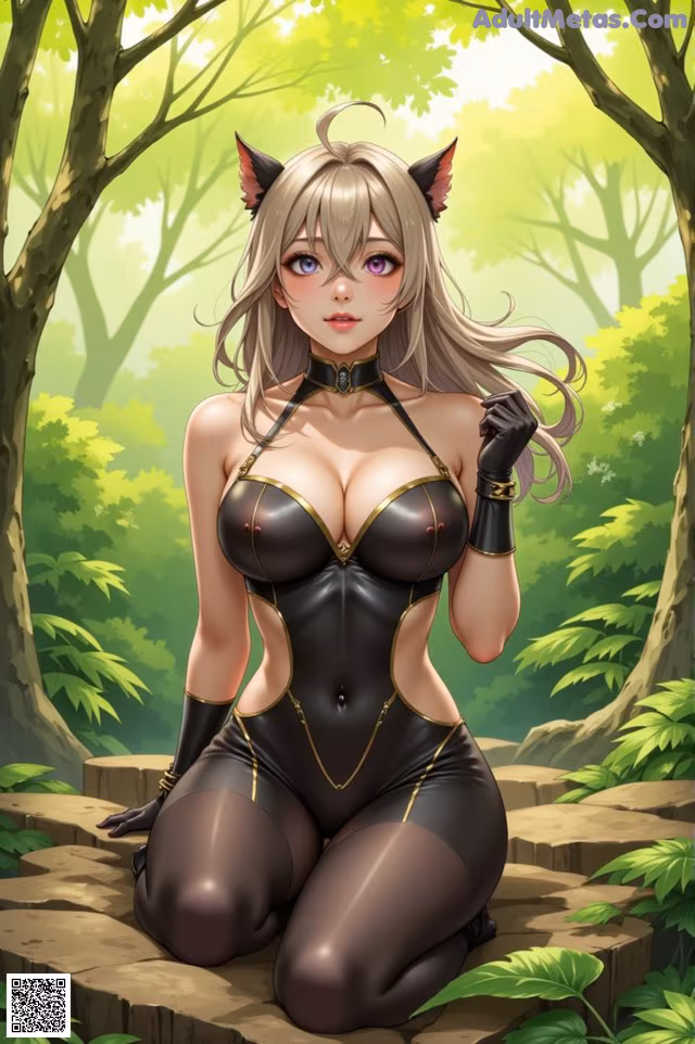 A woman in a cat suit sitting on a rock in the woods.