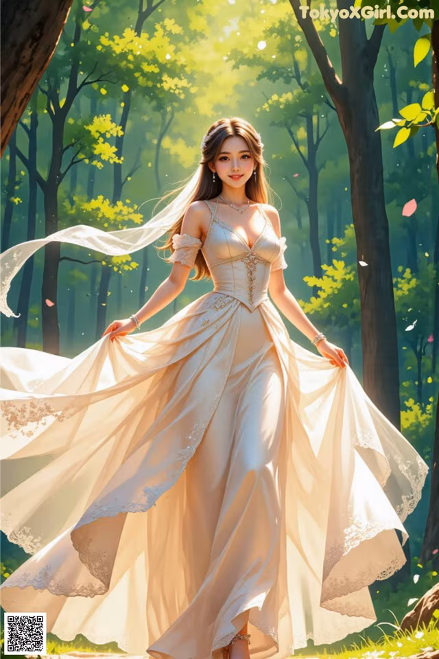 A woman in a long white dress walking through a forest.